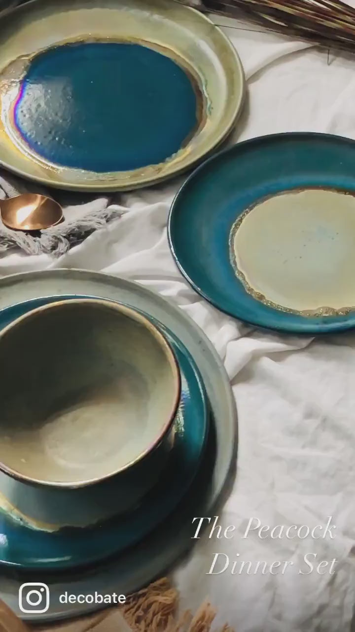 Blue Medium Plate | with Green & Gold Art | For Desserts and Salads | Glossy, Rustic, and Metallic Finish | Artisanal Handmade Dinner Set