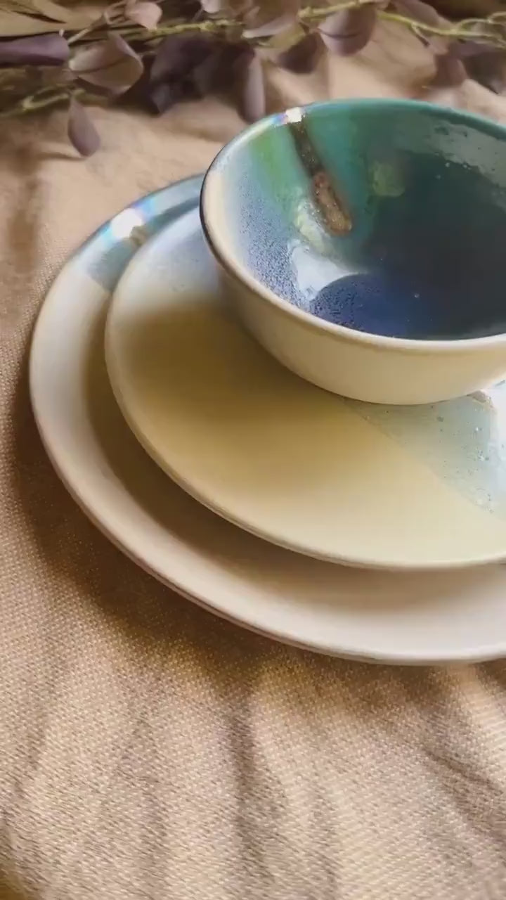 Unique Dinner Set | Ceramic Tableware with Gold Accents, Blue, Turquoise, Teal & Off-white | 3-piece Place Settings | Artisan-made