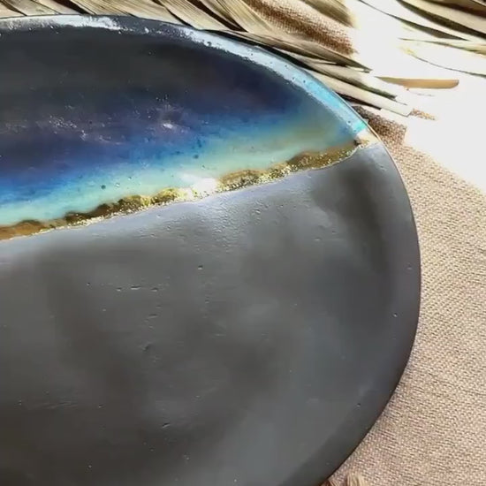 Black Serving Platter with shades of Blue, and Gold Metallic Luster Stripe - Artistic Handmade Reduction Firing Ceramic Serveware