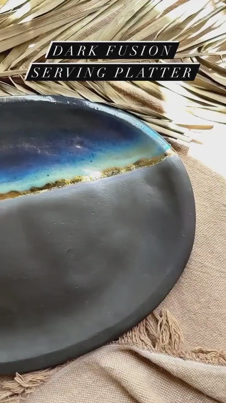 Black Serving Platter with shades of Blue, and Gold Metallic Luster Stripe - Artistic Handmade Reduction Firing Ceramic Serveware