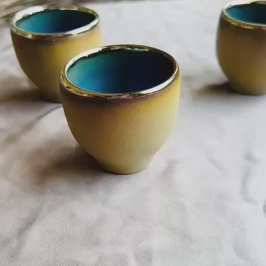 Sandy - Olive Green Espresso Cups | Teal - Turquoise Interior | Gold Rim | For espresso | Cup Set | Handmade in Small Batches