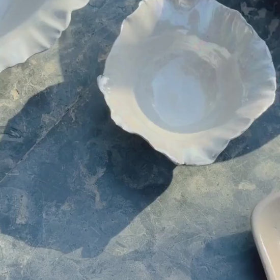 Pearly White Small Bowl | Pearl Iridescent Glaze | Sculpted Design | Flower Shape | Dishwasher and Microwave-Safe