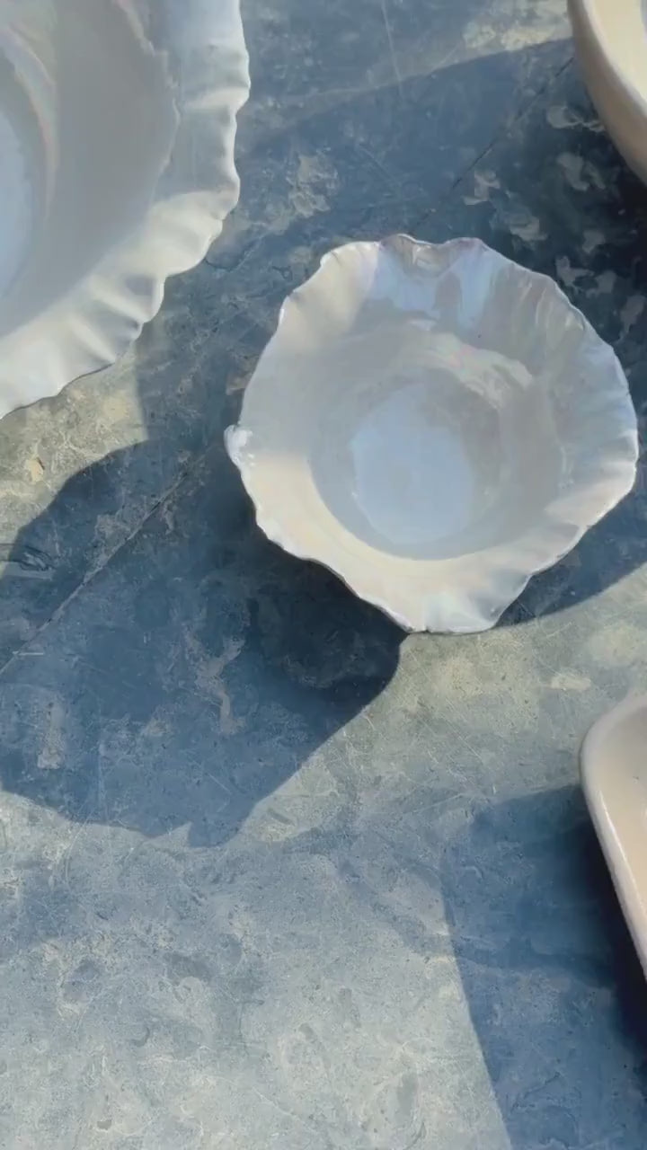 Pearly White Small Bowl | Pearl Iridescent Glaze | Sculpted Design | Flower Shape | Dishwasher and Microwave-Safe
