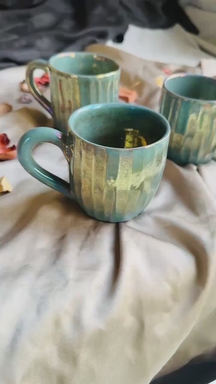 Metallic/Iridescent Green/Teal Cups | for Coffee, Tea, Espresso, and More | Handmade Ceramic Mugs