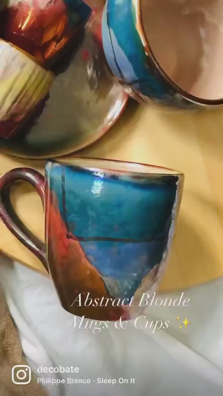 Artistic Espresso Cup Set | with Multi-Colored Glazing & Metallic Highlights | Abstract Art Handmade Ceramic Pottery Coffee Cup Set