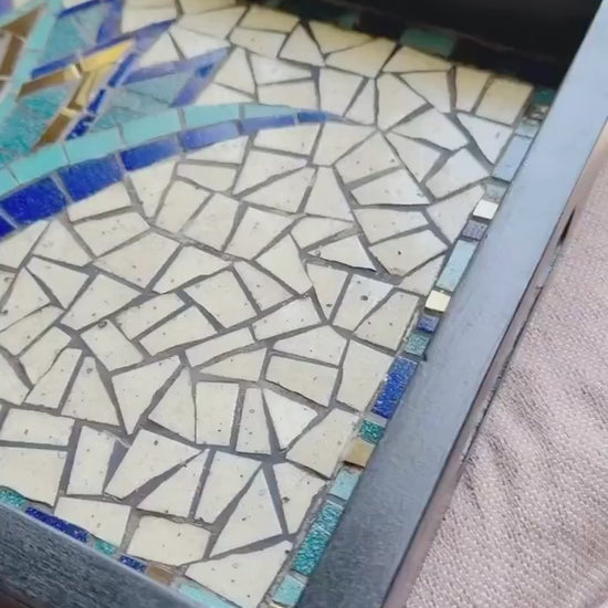 Ancient Egyptian Serving Tray – Mosaic Lotus Tile Artwork, Coastal Boho HomeDecor | Wooden Frame