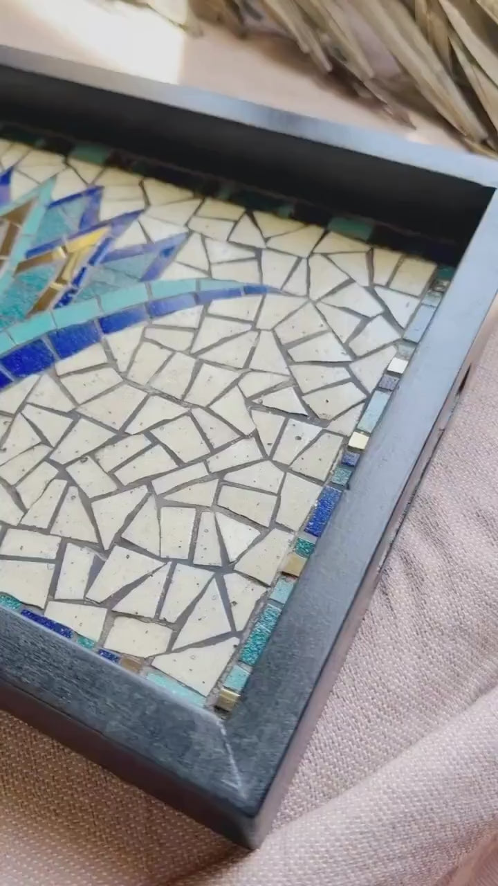 Ancient Egyptian Serving Tray – Mosaic Lotus Tile Artwork, Coastal Boho HomeDecor | Wooden Frame