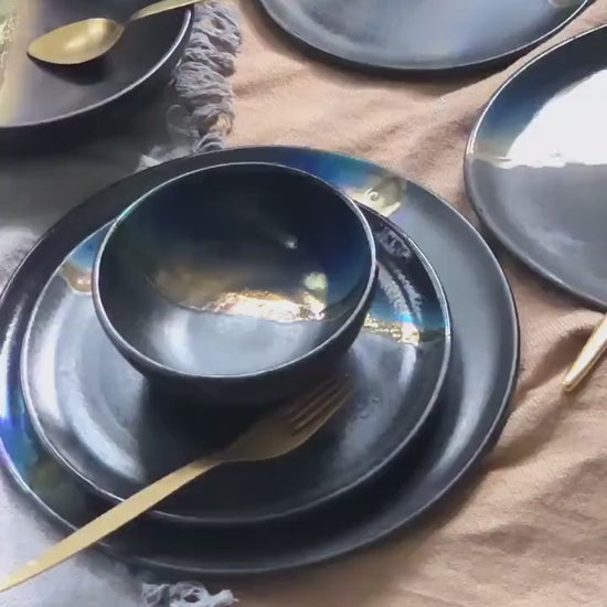 Black Plates & Bowls Sets with Blue Infusions, and Gold Metallic Luster Stripe - Artistic Handmade Crockery Dinnerware Dishware