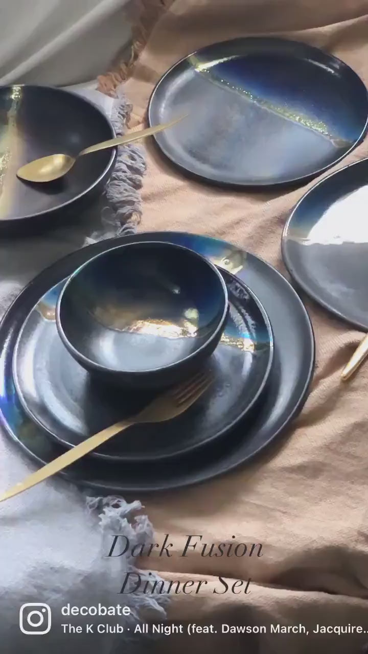 Black Plates & Bowls Sets with Blue Infusions, and Gold Metallic Luster Stripe - Artistic Handmade Crockery Dinnerware Dishware