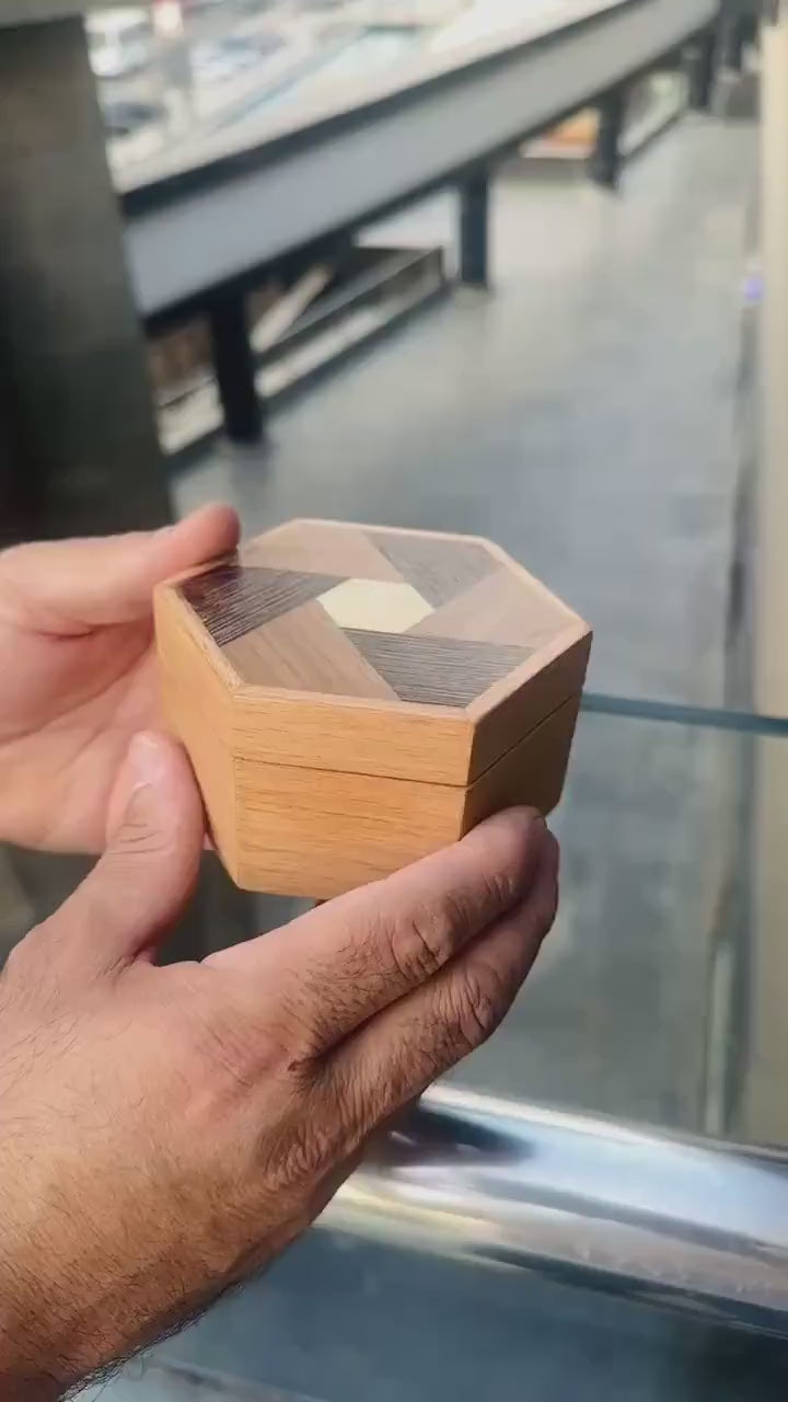 Handmade Wooden Hexagon Box with Velvet Lining – Geometric Marquetry Keepsake, Jewelry or Gift Box