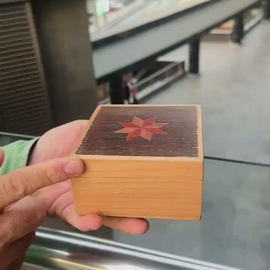 Square Wooden Star Inlay Box with Velvet Lining – Handmade Keepsake Jewelry Box, Marquetry Gift Box