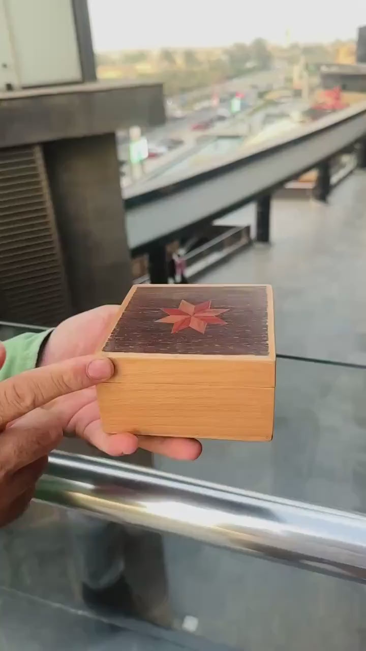 Square Wooden Star Inlay Box with Velvet Lining – Handmade Keepsake Jewelry Box, Marquetry Gift Box
