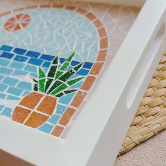 Serving Tray – Mosaic Mediterranean Tiles, Coastal Boho Kitchen Decor | Pastel Palette | White Wooden Frame | Summer Design