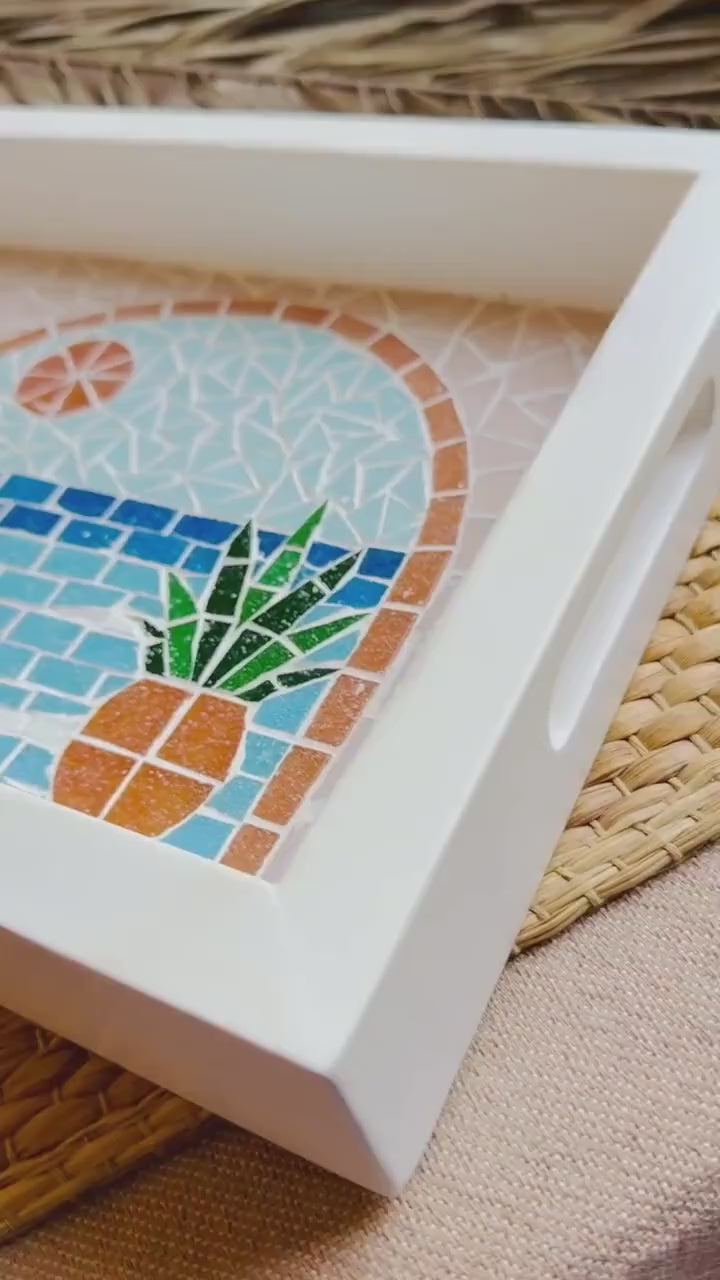 Serving Tray – Mosaic Mediterranean Tiles, Coastal Boho Kitchen Decor | Pastel Palette | White Wooden Frame | Summer Design