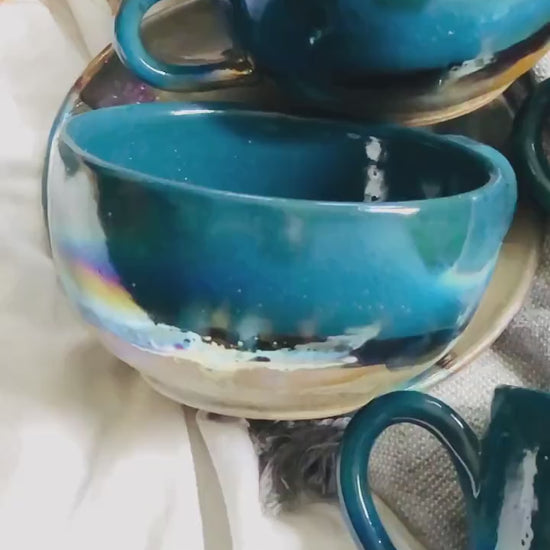 Green, Blue & Gold Mugs | Glossy, Rustic and Metallic Glazing | For Coffee, Latte, Cappuccino, or any Beverage | Artisan-made Mug Set