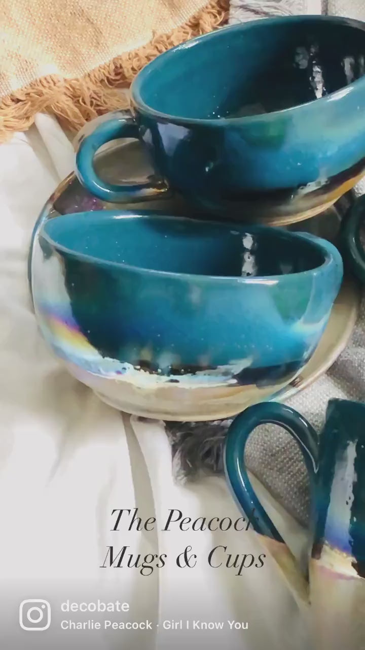 Green, Blue & Gold Mugs | Glossy, Rustic and Metallic Glazing | For Coffee, Latte, Cappuccino, or any Beverage | Artisan-made Mug Set
