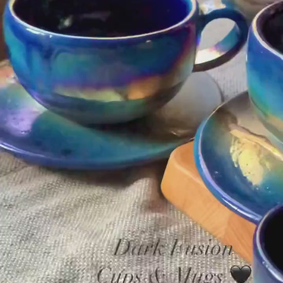 Black 'Turkish Coffee' Cup with with shades of Blue & Gold Metallic Luster Stripe - Artistic Handmade Reduction Firing Pottery/Ceramic Cups