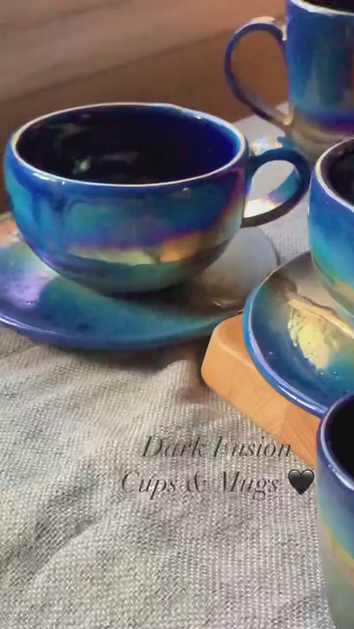 Black 'Turkish Coffee' Cup with with shades of Blue & Gold Metallic Luster Stripe - Artistic Handmade Reduction Firing Pottery/Ceramic Cups