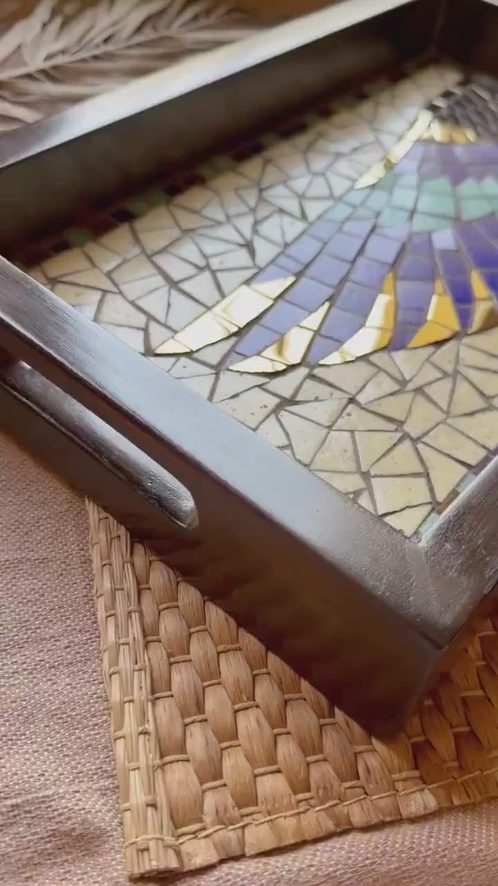 Horus Wing Serving Tray – Ancient Egyptian Tile Artwork, Optional Coaster Set, Coastal Boho HomeDecor | Wooden Frame