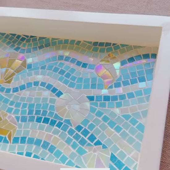 Serving Mosaic Tray | Coastal with Seashell Art | Turquoise, Aqua,Beige/Gold and Shimmering Pearl in a White-Painted Wooden Frame and Handle