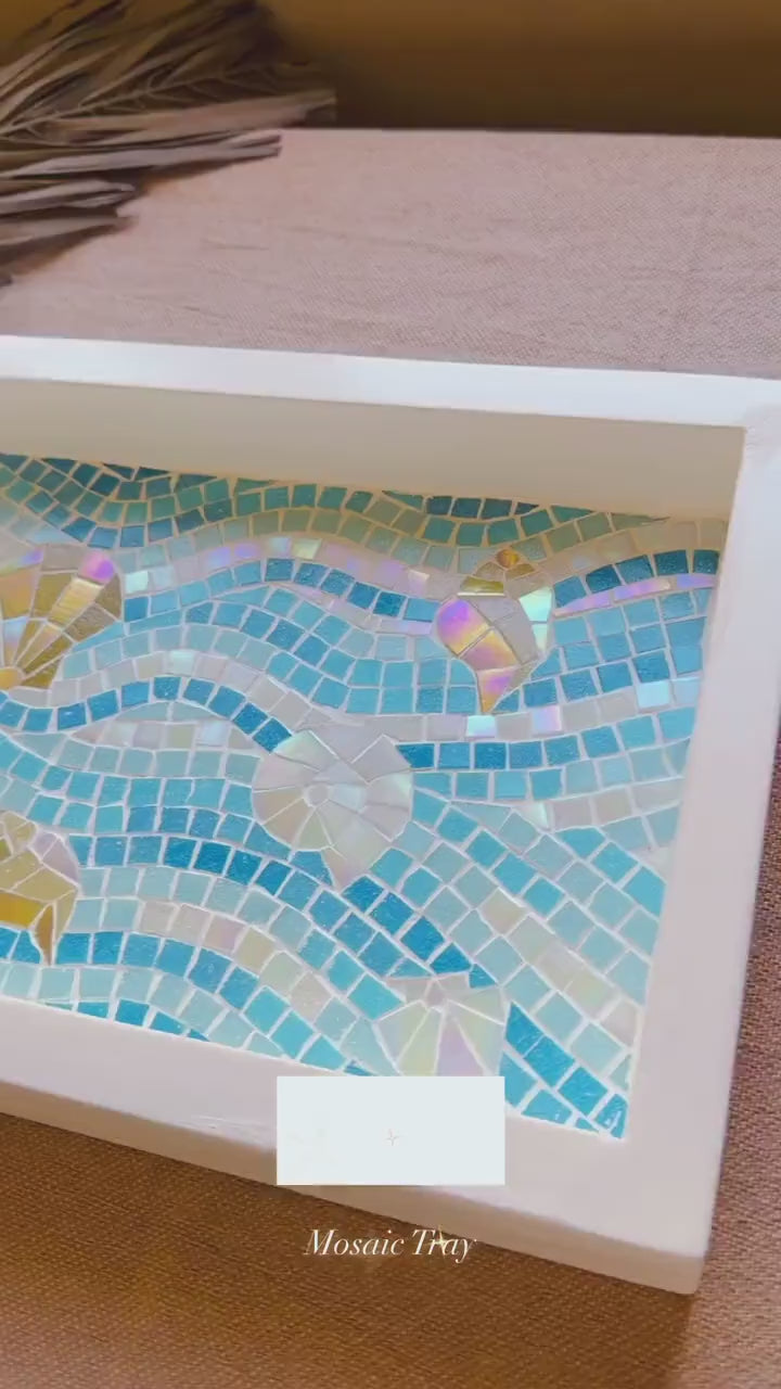 Serving Mosaic Tray | Coastal with Seashell Art | Turquoise, Aqua,Beige/Gold and Shimmering Pearl in a White-Painted Wooden Frame and Handle